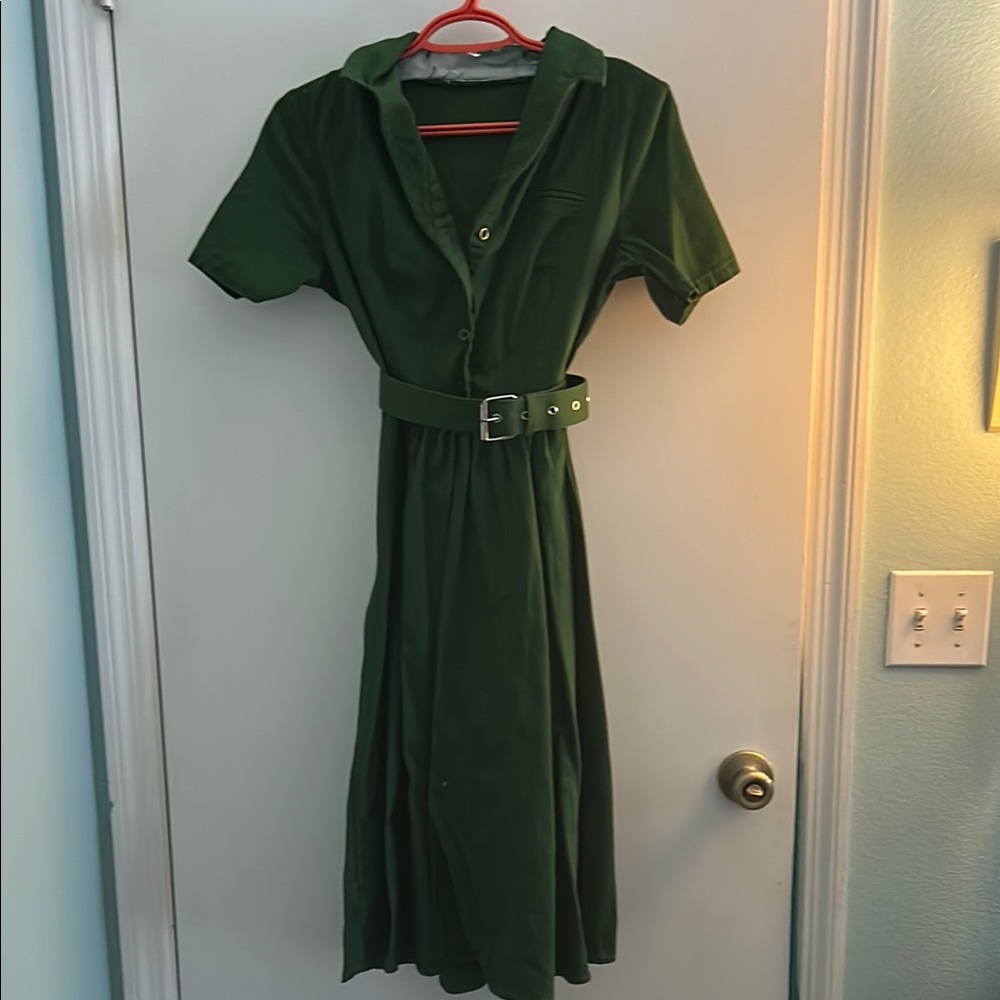 Amazon Green Notched Collar A-Line Midi Dress